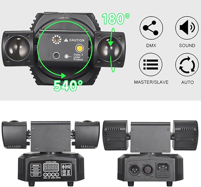 Mini LED Moving Head Effect Lights, Double Head, RGB Color 3535 Beads, 10W Strobe Beads, DMX512 Signal Control, Sound Activation