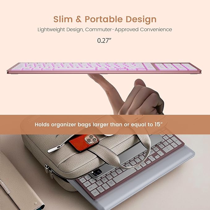 SABLUTE Wireless Keyboard with 7 Colored Backlits, Rechargeable Silent Compact Cordless Computer Keyboard with Low Profile Quiet Light Up Keys for Windows, PC, Linux, Chrome, Mac (Rose Gold)