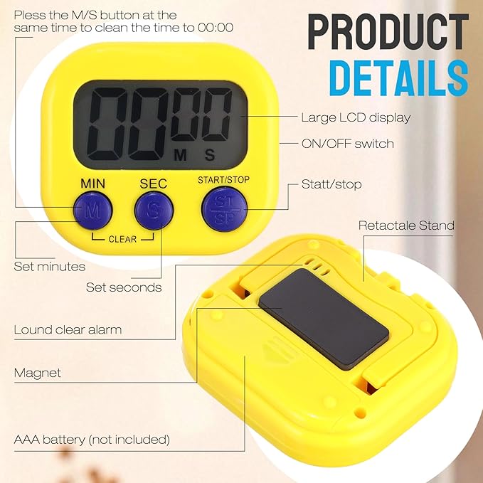 Weewooday 6 Pcs Digital Kitchen Timer Magnetic Timer Bulk On/Off Switch Minute Second Count up Countdown Loud Alarm for Exercise Cook Baking (Novel Color)