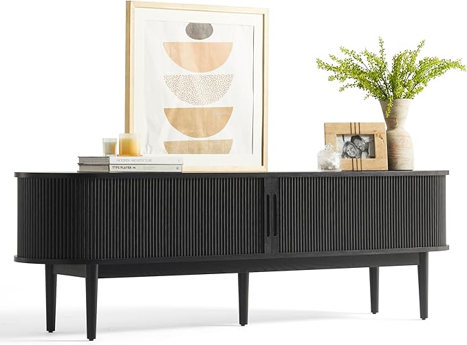 LINSY HOME Fluted TV Stand for 75" TV, Mid-Century Modern Wood Entertainment Center with Sliding Tambour Door and Storage Cabinet, Boho TV Media Console Table for Living Room, Bedroom, Black