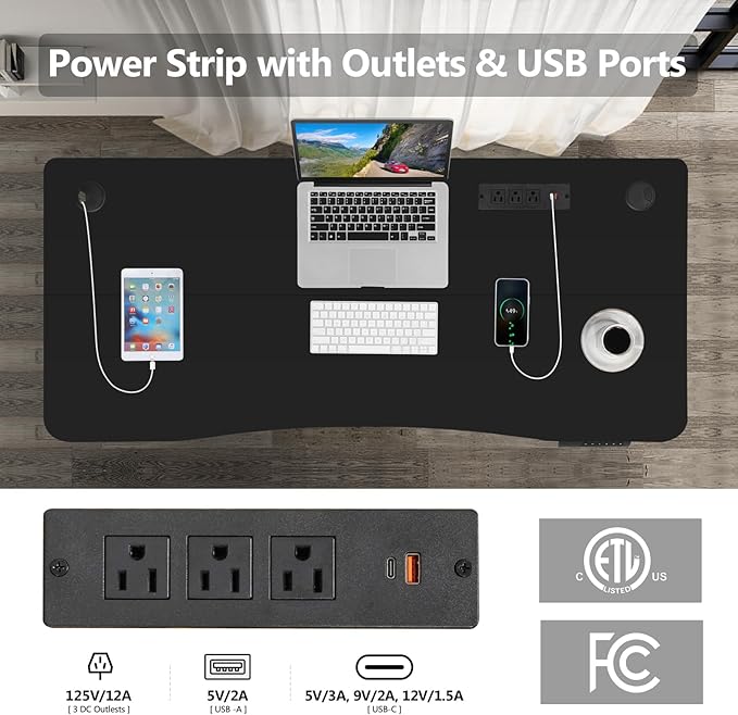 farexon Electric Standing Desk Adjustable Height,63x24 Inches Stand Up Desk, Ergonomically Curved Desktop with Outlet, Lockable Casters,27.''-46'' Lifting Range Home Office Computer Desk（Black