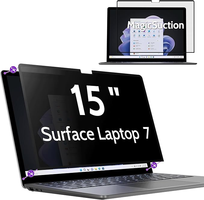 Privacy Screen for 15 Inch Surface Laptop 7, MagicSuction™ Removable Anti Spy Black Protector, Glare Blue Light Filter for Microsoft Laptop Computer Monitor