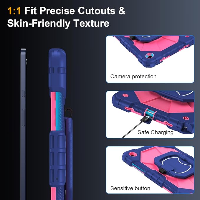 Case for Samsung Galaxy Tab A9 Plus 11 Inch 2023(SM-X210/X216/X218), Auorld Rugged Case for Samsung Galaxy A9+ Tablet with Screen Protector 360 Rotating Stand Shoulder Strap Pen Holder, Navy Pink