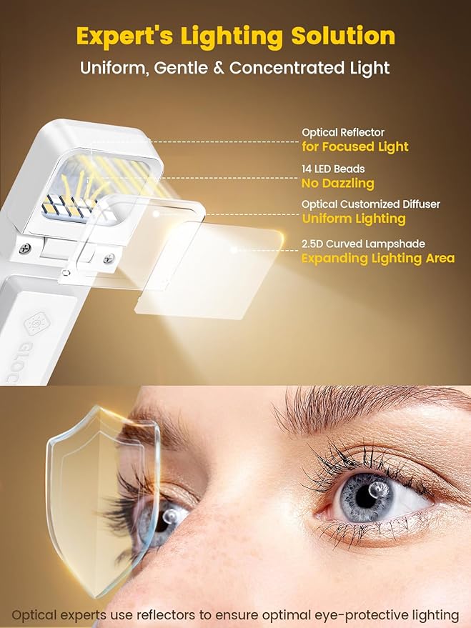 Glocusent Book Lights for Reading at Night, Rechargeable Book Light Clip on - 3 Colors & 5 Brightness, Reading Lights for Books in Bed with Sleep Aid & Timer, Travel Lock, Perfect for Bookworms, Kids