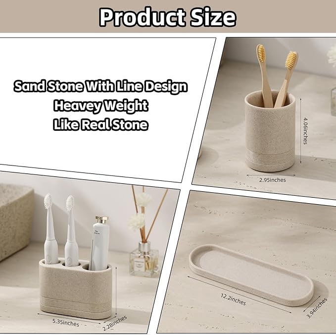 Bathroom Accessories Set, 4 pcs Toothbrush Holders Set Included 3 Slots Electric Toothbrush and Toothpaste Holder Stand, 2 Tumblers & Tray for Bathroom Countertop Sink Modern Decor (Beige)