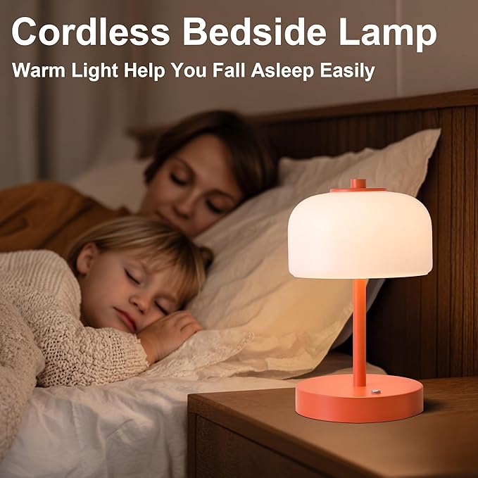Oneach 9" Cordless Table Lamp, Orange Rechargeable Battery Operated Lamp, 3-Way Stepless Dimming Touch Lamps, Small Glass Bedside Nightstand Light for Bedroom Dining Table Living Room Shelf Decor