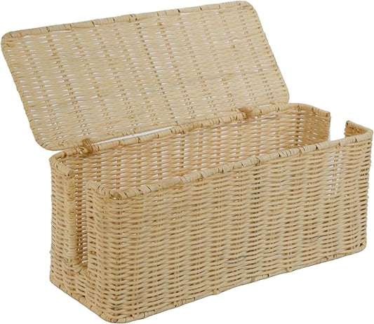 PEMAR Natural Rattan Wicker Cable Management Box, Cable Organizer, 2 Open Slots, Under Desk Cord Organizer, Cover & Hide Power Strips for TV Desk, Computer, Router, USB Hub (Bright Natural Color)