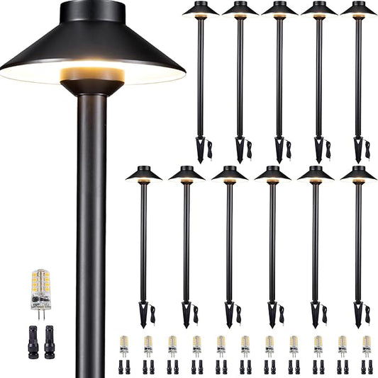 Low Voltage Landscape Path Light, Solid Brass Pathway Light IP65 Waterproof, Hat Shaped 12V Wired, Black LED for Walkway Garden with 3W 270LM 5000K Daylight G4 Bulb (12 Pack)