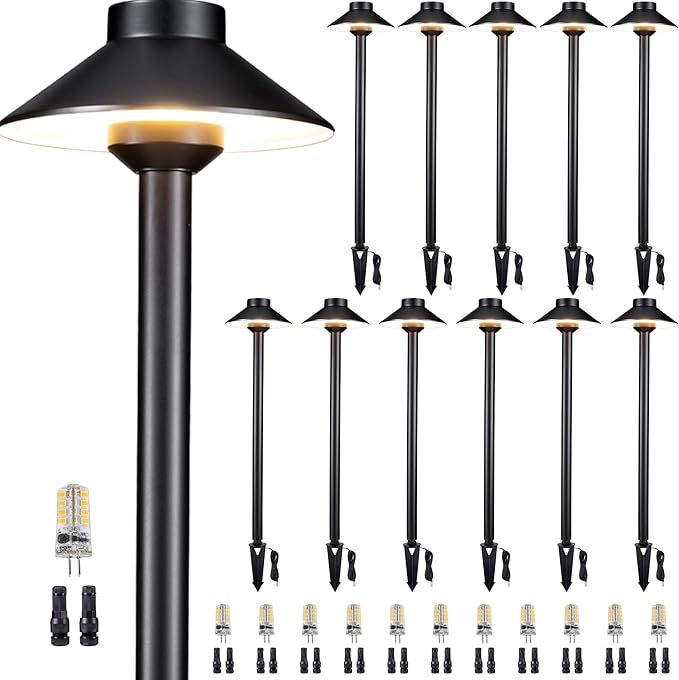 Low Voltage Landscape Lighting Brass, 12v Pathway Lights Waterproof, Hard Wired Path Light Outdoor, Black for Exterior Area Patio House with 3W 270LM 4000K Neutral White G4 Bulb (12 Pack)