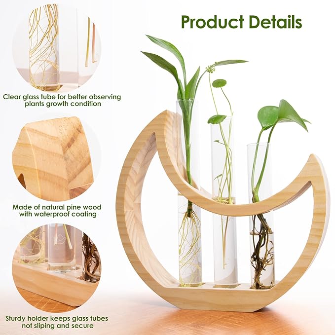 Plant Propagation stations, Crescent Moon Table Terrarium Stand for Indoor houseplants, Wooden Wall Boho Hanging Planter Vase with Glass Test Tube for Office Decor Aesthetic, Gift for Women Mom