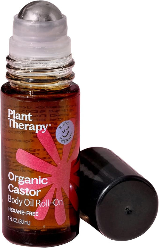 Plant Therapy Organic Castor Oil Roll On 30 mL (1 oz) Convenient Mess-Free Body Oil Roll-on for Easy Application, Cold-Pressed & Hexane-Free, Third-Party Tested for Purity