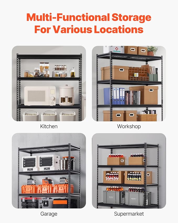 VEVOR Storage Shelves, 3000 lbs, 5 Tier Heavy Duty Garage Shelving, 20" D x 48" W x 72" H Adjustable Metal Shelves for Industrial Shelving Unit Utility Shelf, for Kitchen, Warehouse, Basement, Black