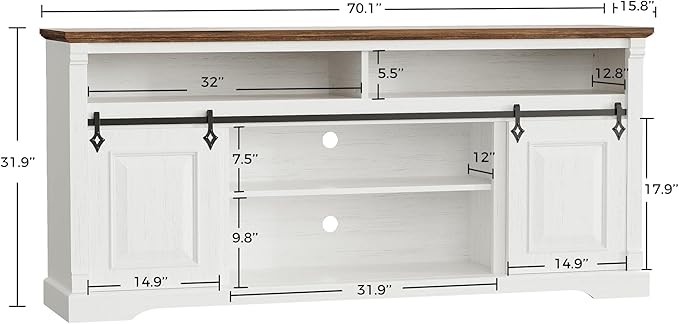 IRONCK Farmhouse TV Stand for 75+ Inch TV, 70" Entertainment Center with Storage Cabinets and Sliding Barn Door, Media Console for Living Room, White
