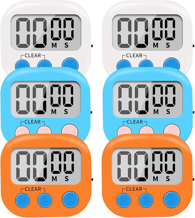 6 Pack Small Digital Kitchen Timer Magnetic Back and ON/Off Switch,Minute Second Count Up Countdown (Multicolored)