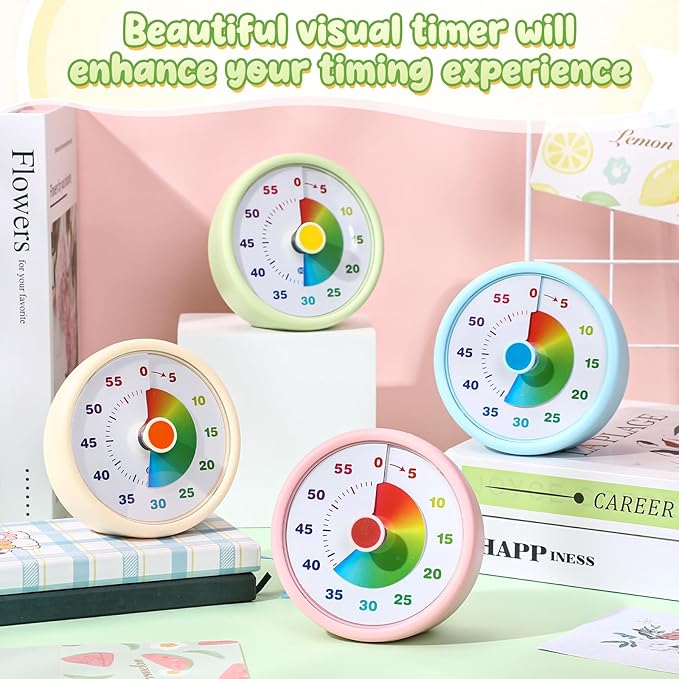 4 Pcs 60 Minute Visual Timer Colored Countdown Clock Time Management Tools with Silent Operation for Home School Supplies Study Office (Classic,Blue,Pink,Yellow,Green)