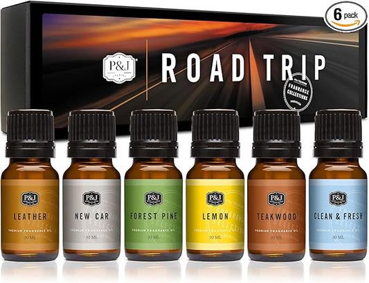 P&J Trading Road Trip Car Fragrance Oil Set – 6 Premium Scents - New Car, Leather, Forest Pine, Lemon, Clean & Fresh, Teakwood – for Car Diffusers, Air Fresheners, Auto Detailing & DIY Crafts