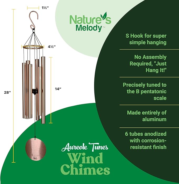 Nature’s Melody Aureole Tunes Wind Chimes – Outdoor Windchime with 6 Tubes Tuned to B Pentatonic Scale, 100% Rustproof Aluminum, Powder Finish & S Hook Hanger for Sympathy, Memorial Gift or Zen Garden