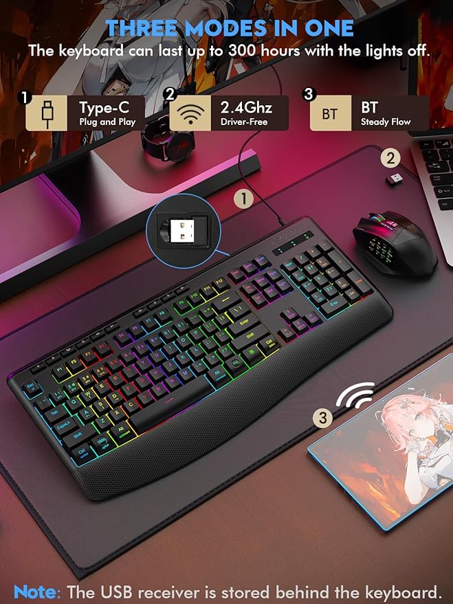 E-YOOSO RGB Wireless Keyboard, 3-Mode (2.4G/BT/USB), 9 Effects Backlits, Light Up Letters, Rechargeable Ergonomic Computer Silent Keyboard with Wrist Rest for Windows, Mac, PC, Laptop, Games