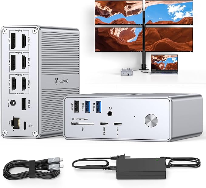 TobenONE Quad Monitor Docking Station with 4 HDMI, 18-in-1 DisplayLink Docking Station with 120W Charger, Dock for Thunderbolt 4/3, USB-C Windows, MacBook(4 USB, 2 USB-C, Ethernet,SD/TF,Audio)
