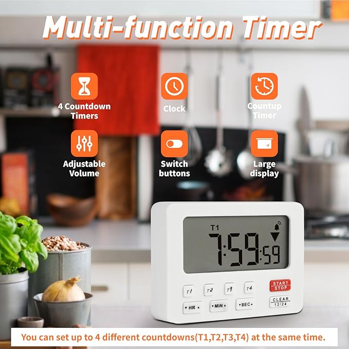 YOOREAL Digital Kitchen Timers, with 4 Sets of Countdown Stop Watches Timer/Magnetic Timer Clock with Adjustable Loud Alarm Classroom Cooking Fitness Baking Studying Teaching (White)