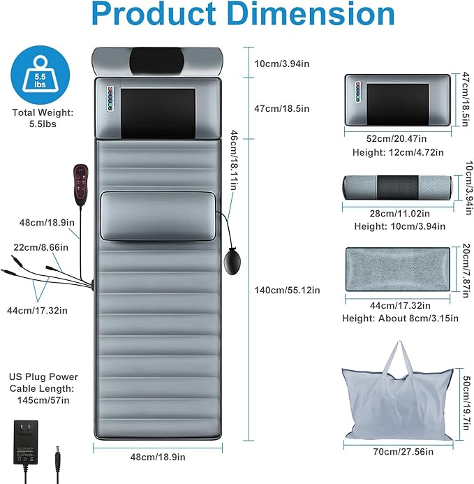 Full Body Electric Massage Mat with Heat, 10 Vibration Motors 3 Timers, Vibration Massage Pad for Bed, Back Mattress Chair Pad with Neck Massager Lumbar Pillow