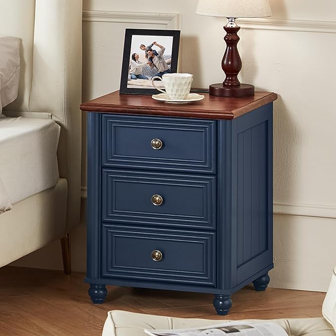 18" Farmhouse Nightstand Set 2 with Charging Station and USB Port, Blue Night Stand with 3 Drawers, Wood Bedside End Table with Storage, Bed Side Tables for Bedroom Living Room and Closet