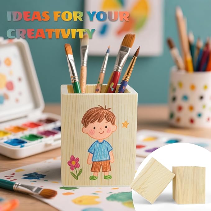 6 Pack Wood Pen Holder Unfinished Wooden Pencil Holder Pine Wood Pen Holder Stand for Desk Office Supplies Makeup Brushes Organizer (Square)