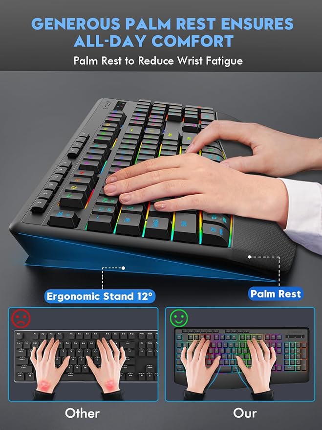 E-YOOSO RGB Wireless Keyboard, 3-Mode (2.4G/BT/USB), 9 Effects Backlits, Light Up Letters, Rechargeable Ergonomic Computer Silent Keyboard with Wrist Rest for Windows, Mac, PC, Laptop, Games