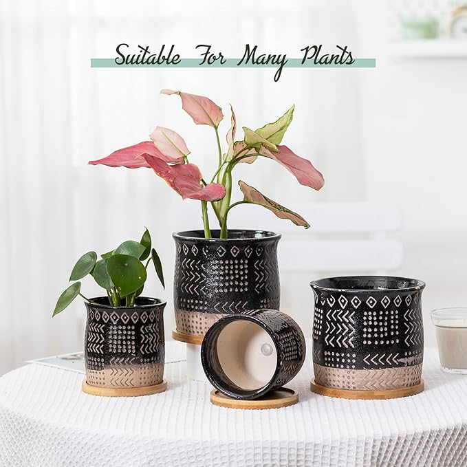 TAMAYKIM 5.5 + 4 Inch Ceramic Boho Plant Pots with Drainage Holes, Retro Totem Design Porous Planters for Indoor Outdoor Flower, Snake Plant, Succulent, Cactus & Herbs, Set of 4, Black