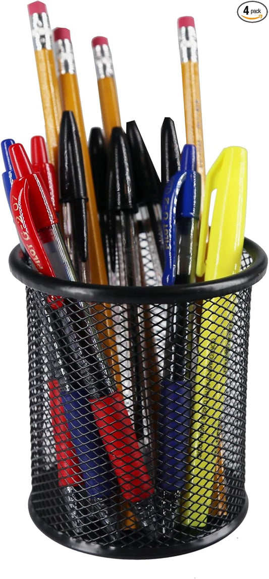Huron Desktop 3-3/4" Round Metal Mesh Pen Holder Pencil Cup for Desk Office Pen Organizer Desk Organizer (1/4/24/96) (4 pc)