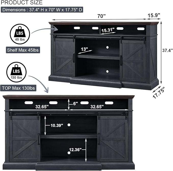 Farmhouse TV Stand for 80 Inch TVs, 37.4"Tall Entertainment Center w/Storage Cabinets and Sliding Barn Door, Media Console Cabinet w/Soundbar & Adjustable Shelves for Living Room, 70 inch (Dark Grey)