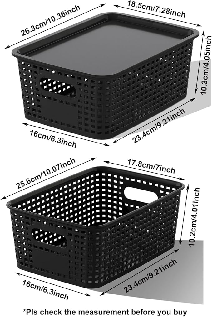 Black Plastic Storage Baskets with Lids 12 Pack Stackable Storage Bins Containers for Shelves Organizing, Cute Decorative Storage Boxes for Classroom, Playroom, Closet, Pantry