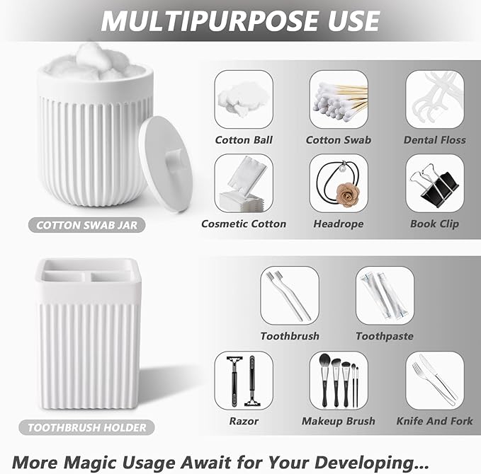 Resin White Bathroom Accessories Set 5 Pcs, Lotion Soap Dispenser, Toothbrush Holder, Bathroom Tumbler, Qtip Holder and Vanity Tray, Bathroom Countertop Organizer Set for Modern Home Apartment