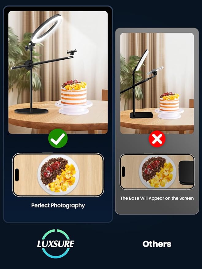 LUXSURE Ring Light for Desk with Stand,Overhead Camera/Phone Mount with 10.5" Ring Lights for iPhone,Phone Tripod with Light Adjustable Lighting for Video Recording,Cooking,Live Stream,Content Creator