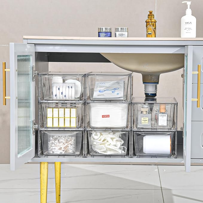 Plastic Drawers Storage, 6Pack Clear Stackable Storage Drawers, Acrylic Storage Bins with Drawers for Fridge Organizers, PlasticDrawers Stackable for Makeup Organizers Cosmetic Display, Medium