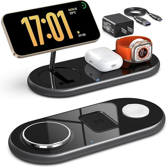 3 in 1 Charging Station for Apple Devices, Mag-Safe Charger Stand, Magnetic Wireless Charger Station for iPhone 17 16 15 14 13 12 Series, for iWatch Ultra 10 9 8 7 SE 6 5 4 3, for AirPods (Black)