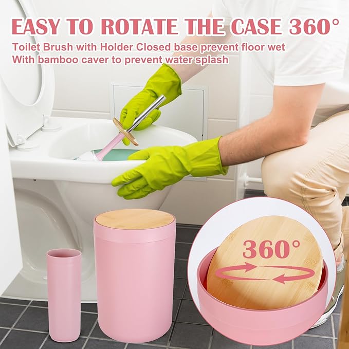 iMucci 9Pcs Pink Bathroom Accessories Set - with Trash Can,Toilet Brush,Toothbrush Holder, Lotion Soap Dispenser, Soap Dish,Toothbrush Cup,Qtip Holder,Tray