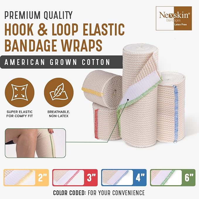 Premium Elastic Bandage Wrap (6” Wide, 50 Pack) - Nexskin Latex Free Athletic/Medical Compression Bandages Hook & Loop Fasteners at Both Ends - Lifetime Washable & Reusable Bandages