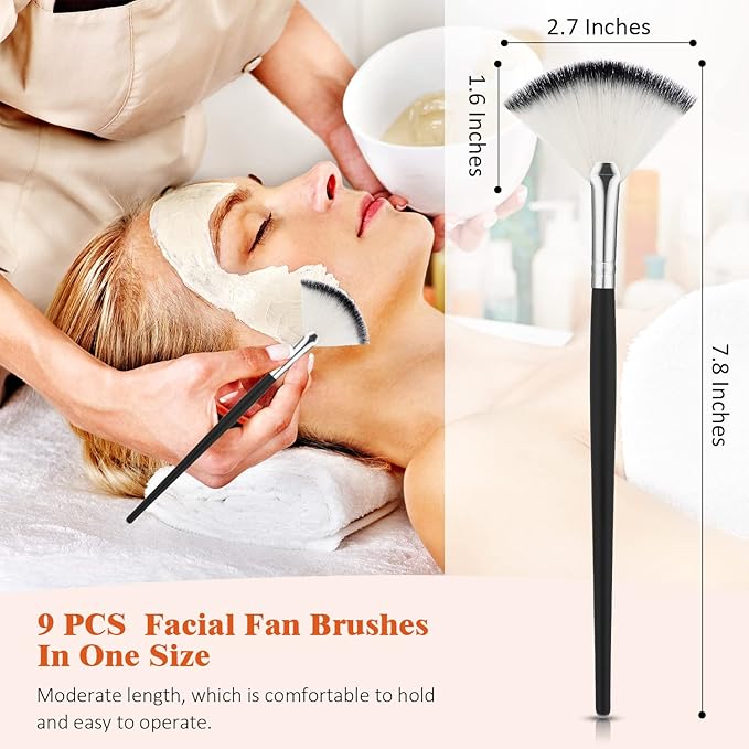 9 Pieces Facial Fan Mask Brushes, Soft Facial Applicator Brushes Tools for Peel Glycolic Makeup for Mud Cream(Black and Silver)