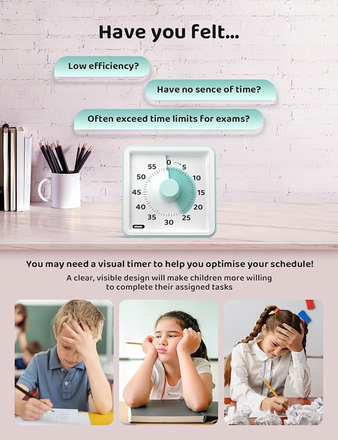 LIORQUE Visual Timer for Kids, 60-Minute Countdown Timers for Classroom Office Kitchen with Silent Operation, Kids Timer for Teaching (Batteries Included)