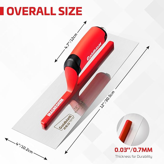 Goldblatt RED Stainless Steel Finishing Trowel, 12"x 4" Professional Drywall Masonry Trowel with Soft Grip Handle, Lightweight Magnesium Shank, Plastering Trowel for Sheetrock Wallboard Plasterboard