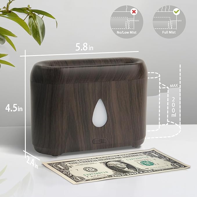 Flame Diffuser for Essential Oils, 200ml Ultrasonic Aroma Diffusers with Cool Mist, Aromatherapy Diffuser with Auto-Off Protection (Dark Wooden Grain, Unscented)