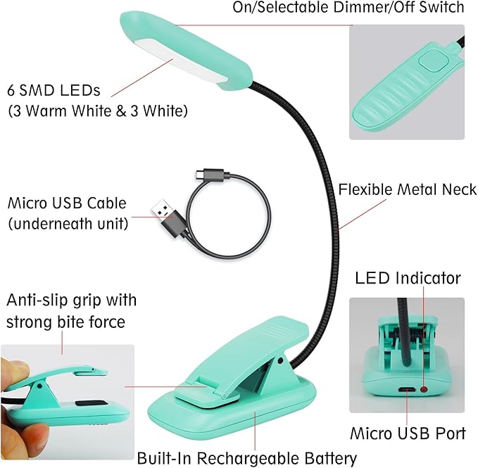 BIGMONAT Rechargeable Book Light for Reading,Eye Care Reading Lamp in Bed with Brightness Adjustable, Lightweight Clip 360°Rotary Night Lighting Neck for Kids, Book Lovers (Blue,2Pack)