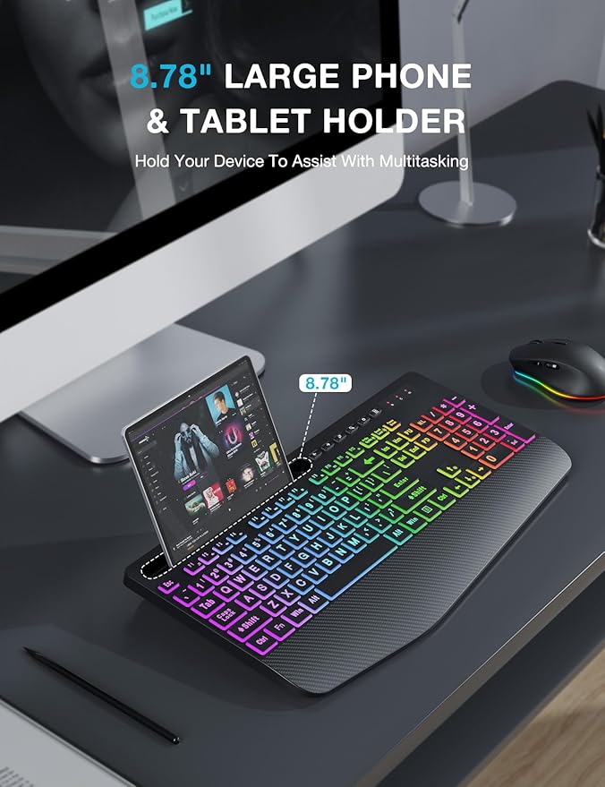 SABLUTE Wireless Keyboard and Mouse Combo, 9 Backlit Effects, Large Print, Wrist Rest, Phone Holder, 2.4G Lag-Free Ergonomic Keyboards, Rechargeable Easy to See Cordless Set for Computer, Laptop, PC