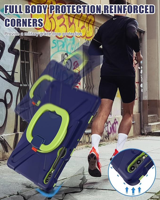 BRAECN Case for Samsung Galaxy Tab S10+/S9 FE+/S9+/S8+/S7 FE/S7+ 12.4”, Rugged Silicone Cover w/S Pen Holder, Screen Protector, Handle Grip/Stand, Shoulder Strap for Galaxy Tab S9 FE Plus, Navy Green