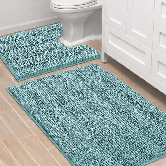 H.VERSAILTEX Bathroom Rugs Bath Rug Set 2 Piece Bathroom Contour Rug Toilet Mat Sets Non Slip Contour Bath Rug Ultra Thick Water Absorbent Striped Bath Mats(36" x 24" Plus 20" x 24" U, Aqua Haze)