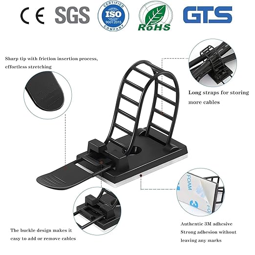 Adjustable 3M adhesive cable management clips 50Pcs, large self adhesive cable ties clips ，Suitable for cable management under desks and on walls(Black)