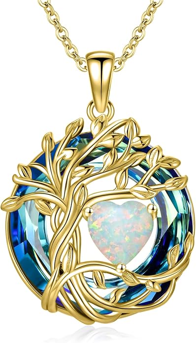 TOUPOP Tree of Life Birthstone Necklace 925 Sterling Silver Pendant Austrian Crystal Jewelry Anniversary Birthday Christmas Gifts for Women Mom Her Wife