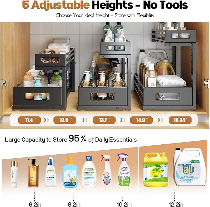 2-Pack 17"Deep Under Sink Organizer And Storage, 2-Tier L-Shaped Pull Out Cabinet Organizer with Upgraded Slide Rails, Height Adjustable Drawers for Kitchen&Bathroom, Extra-Large Storage Shelves–Black