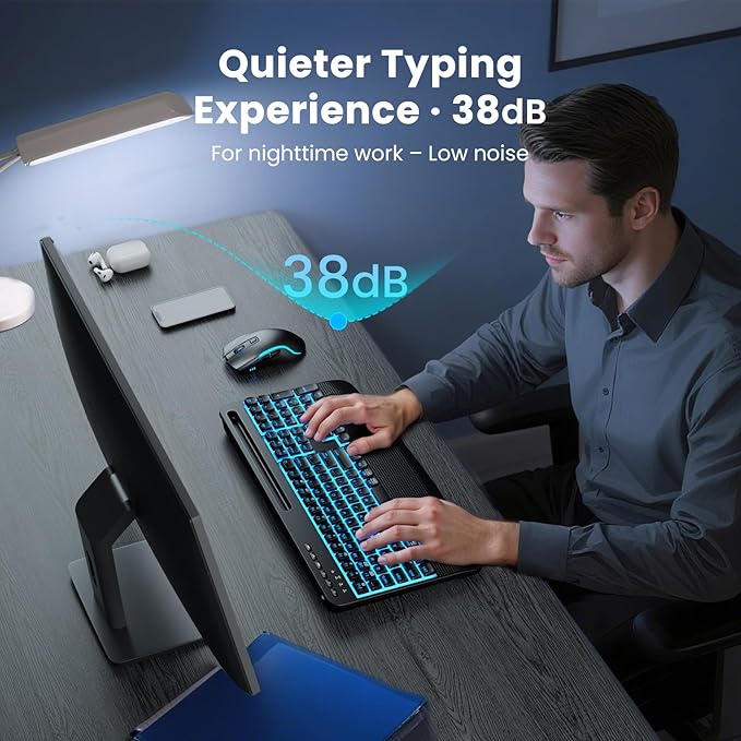 SABLUTE Wireless Keyboard and Mouse Combo, Rechargeable 4000mAh Light up Quiet Keyboard with Wrist Rest & Phone Holder, Ergonomic Silent Typing for PC/Mac/Laptop/Windows/Chrome OS